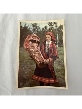 Vintage Sami Woman Postcard - Norwegian Lapp Mother with Cradle Komse 1950s